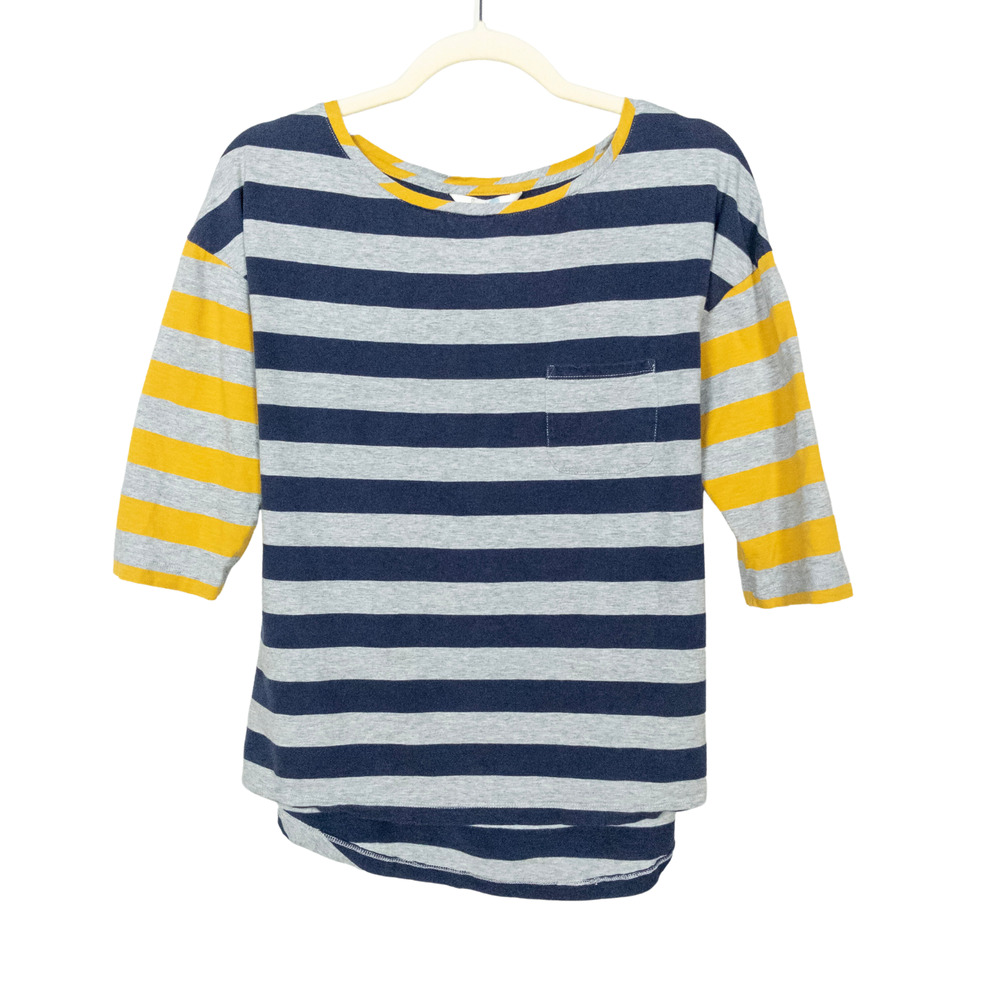 BODEN Grey Blue Yellow Stripe Cotton 3/4 Sleeve Knit Top Pocket Women's Size 6